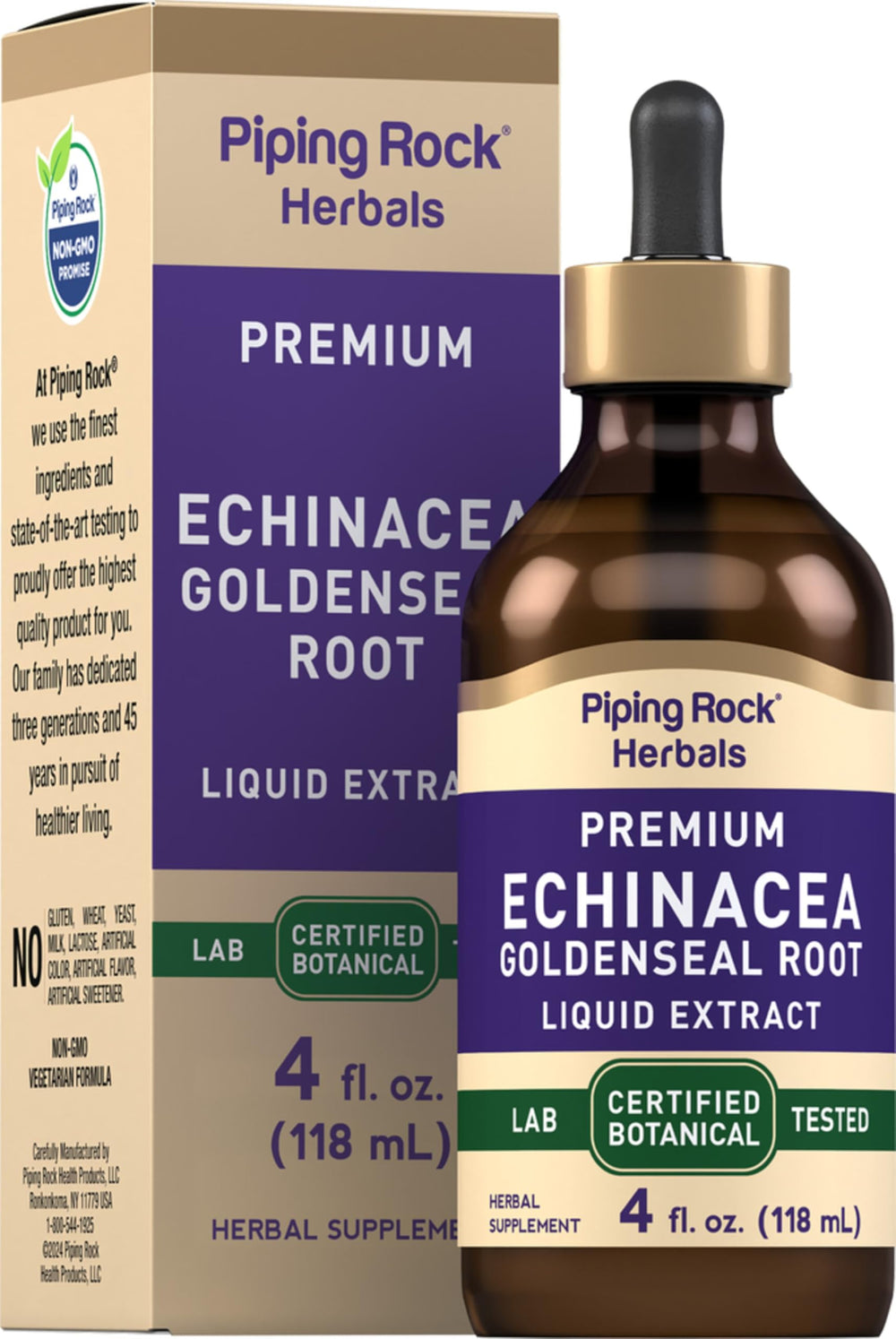 Piping Rock Echinacea Goldenseal tincture bottle pours for easy daily use.