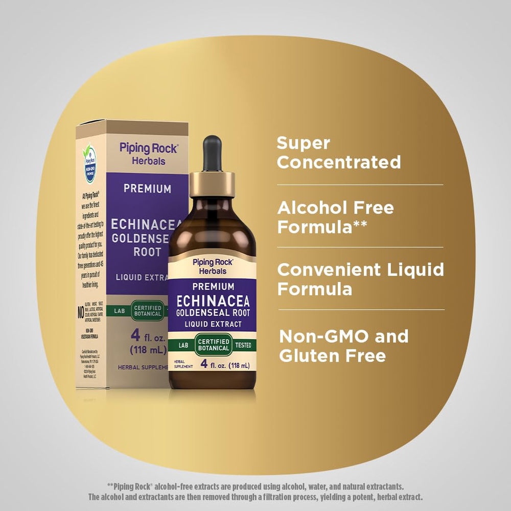 Piping Rock echinacea goldenseal ingredients displayed for herbal extraction.