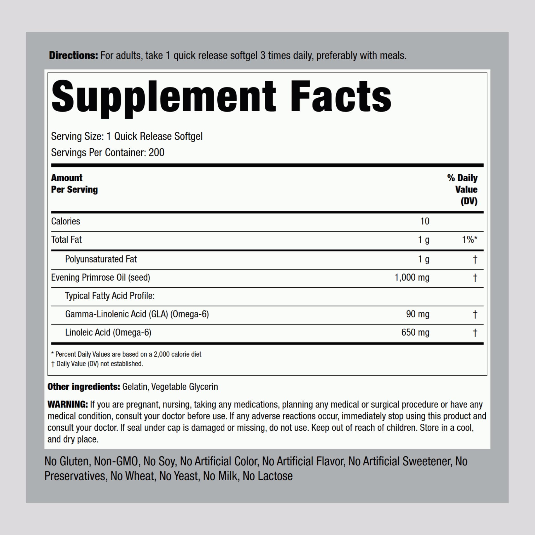 Piping Rock Evening Primrose Oil softgels bottle side view for easy handling.