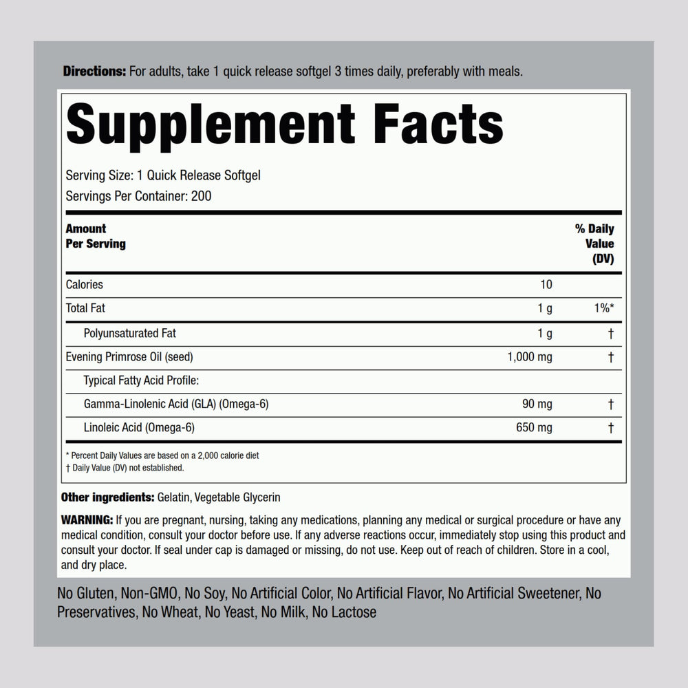 Piping Rock Evening Primrose Oil softgels bottle side view for easy handling.