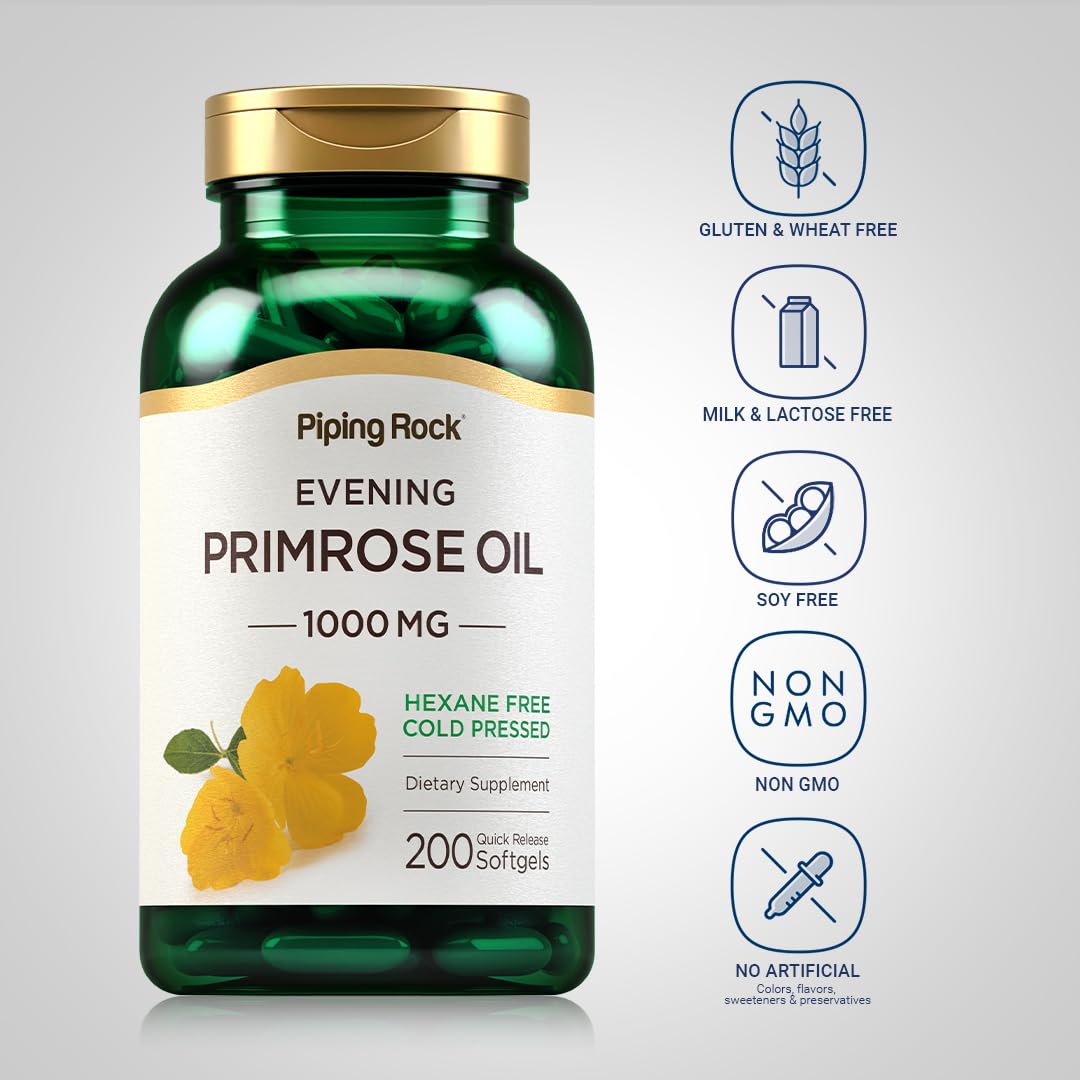 Piping Rock Evening Primrose Oil softgels closeup shows capsules' smooth texture.