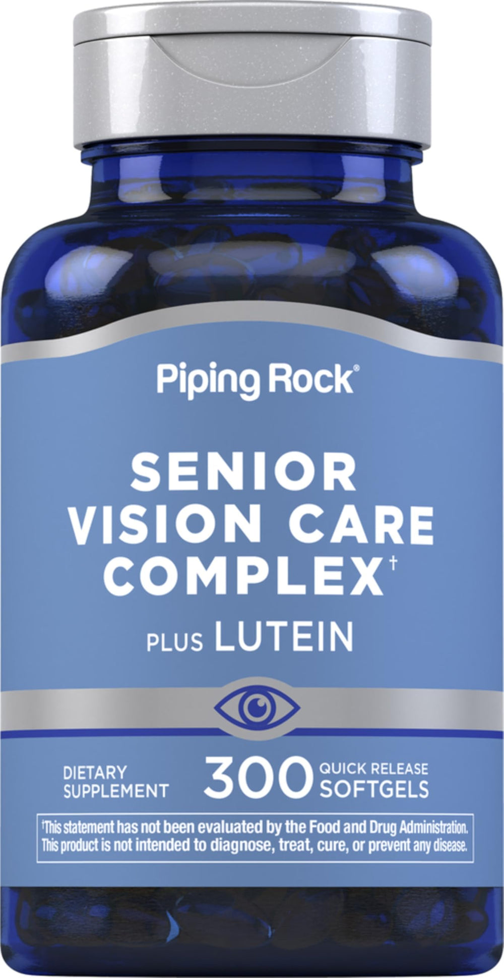 Piping Rock Eye Health Complex bottle with softgels supports senior vision care.