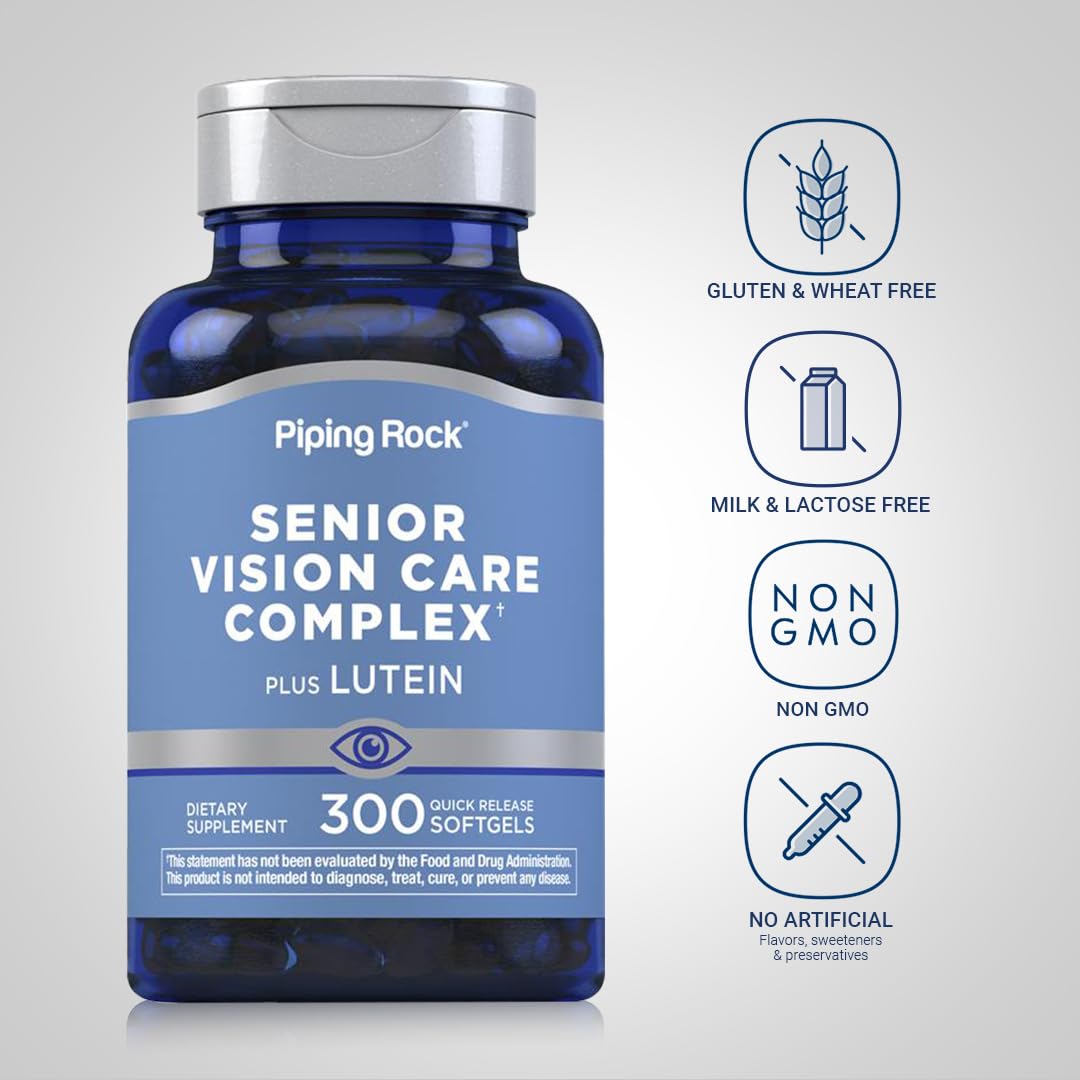 Piping Rock Eye Health Softgels laid out for daily use.