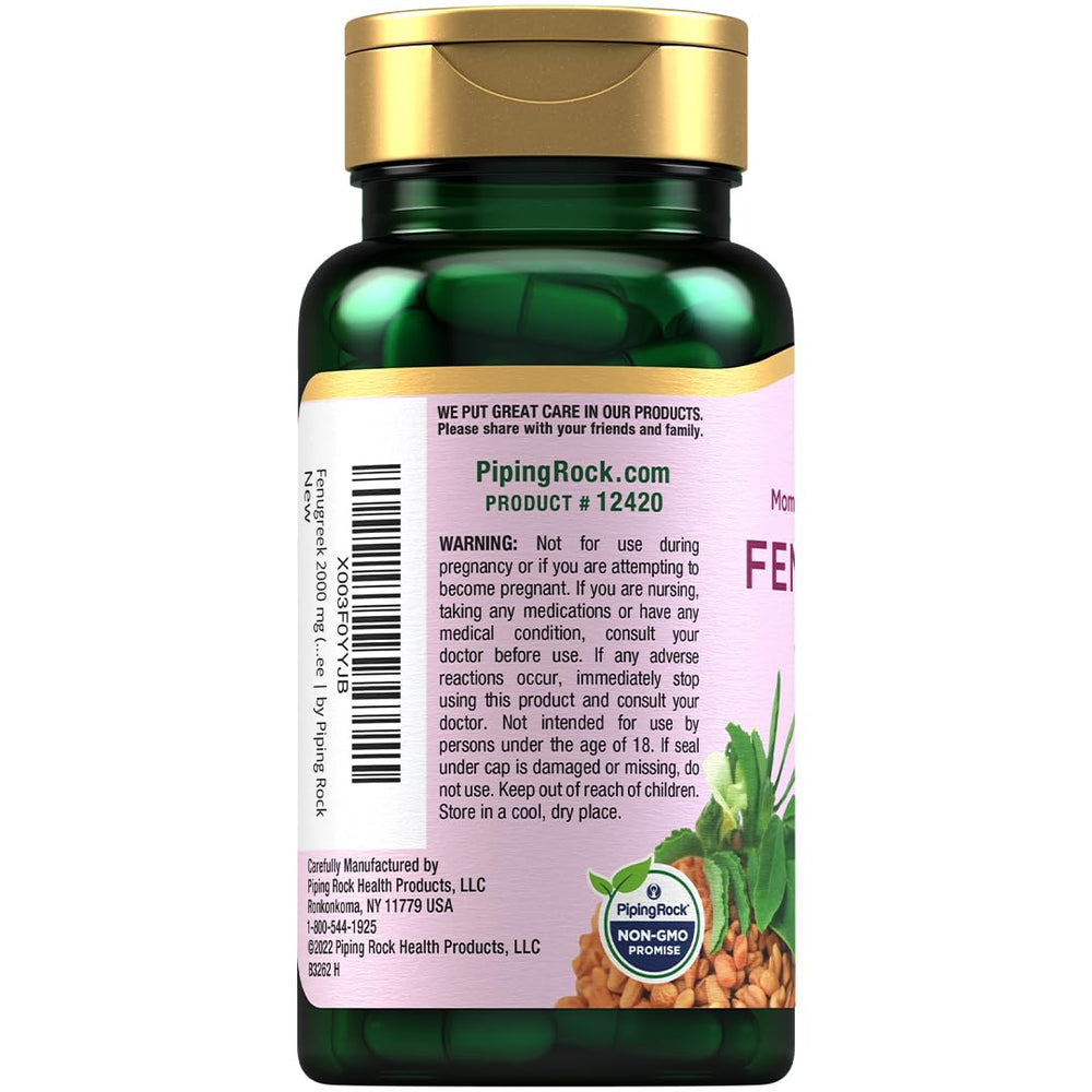 Piping Rock Fenugreek bottle label close-up, non-GMO and gluten-free emphasis.