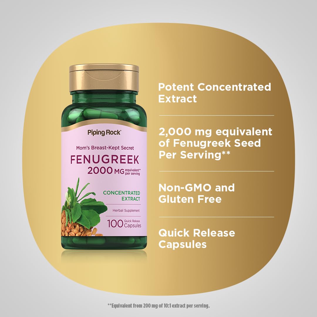 Piping Rock Fenugreek bottle beside a glass of water for swallowing.