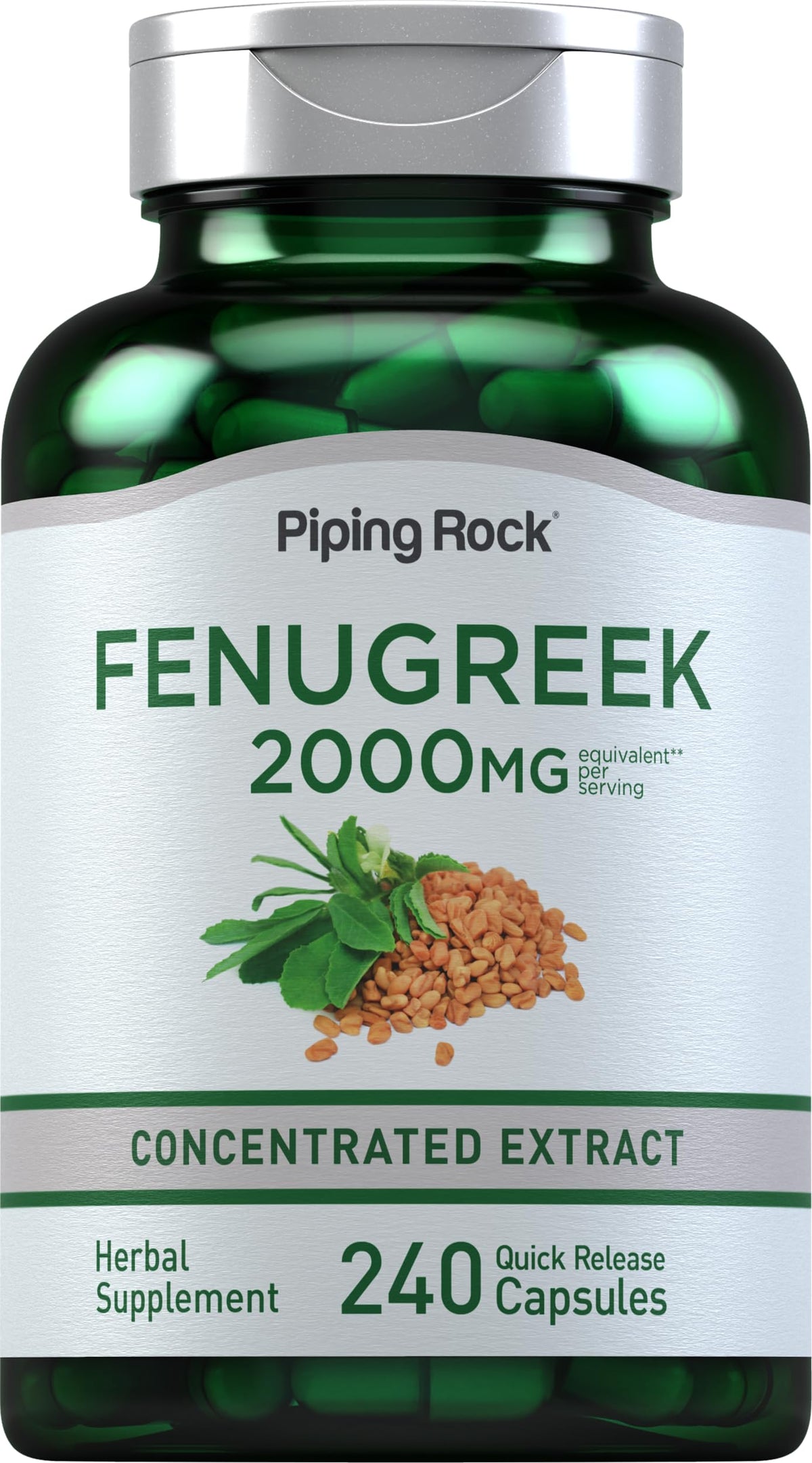 Piping Rock fenugreek capsules bottle shown, delivering potent extract for daily wellness.