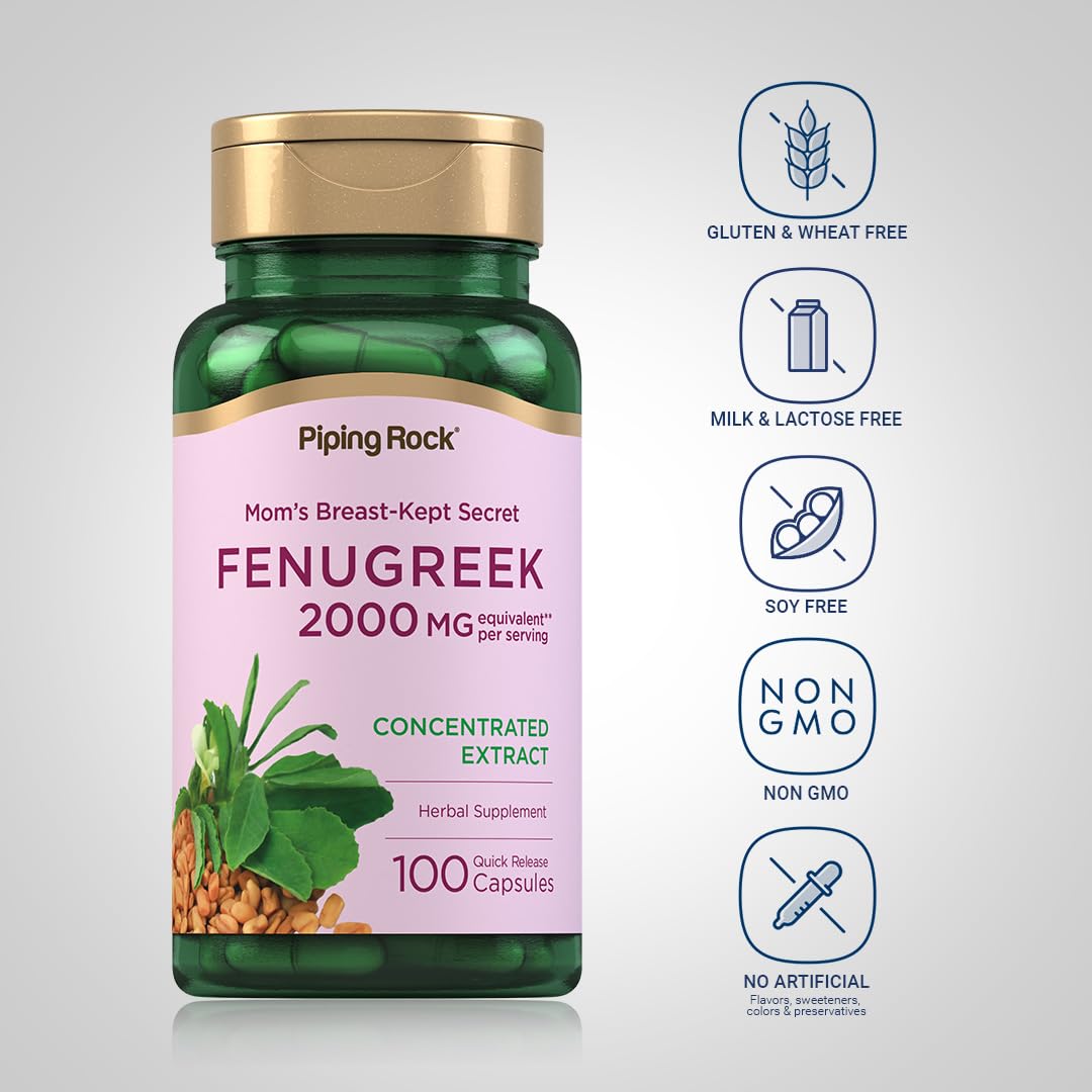 Piping Rock Fenugreek capsules poured for easy daily intake.