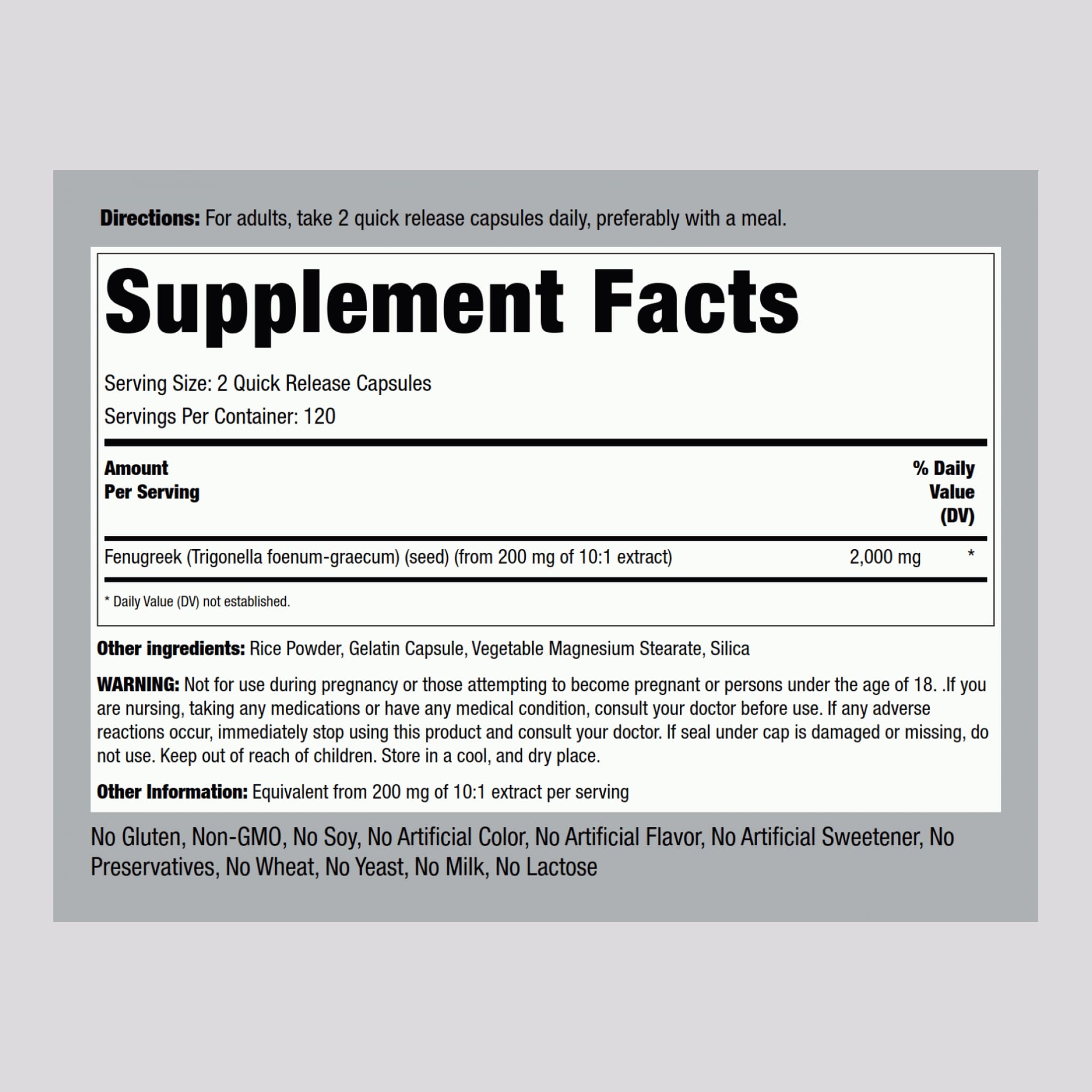 Piping Rock fenugreek capsules label closeup highlighting 2000 mg strength.