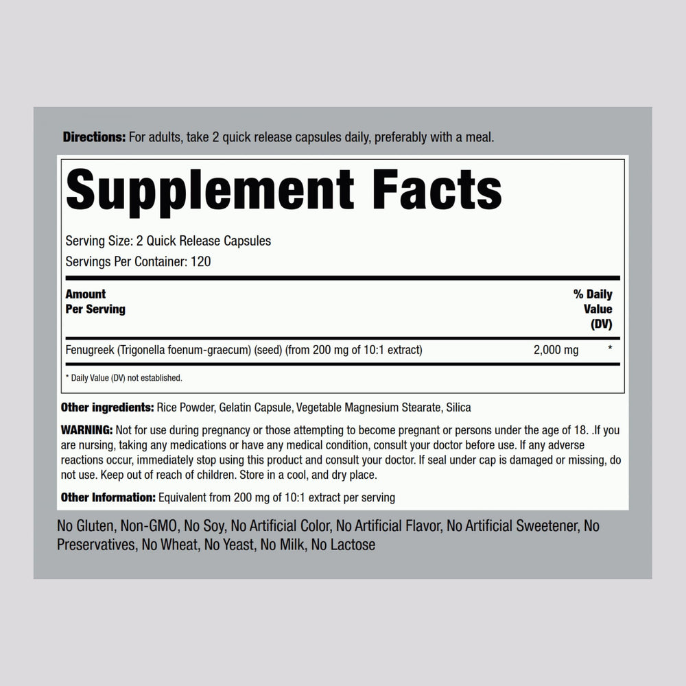 Piping Rock fenugreek capsules label closeup highlighting 2000 mg strength.