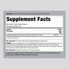Piping Rock fenugreek capsules label closeup highlighting 2000 mg strength.