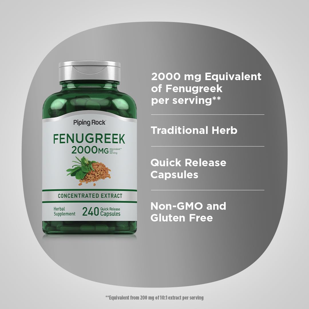 Piping Rock fenugreek capsules pour captured, smooth transfer.