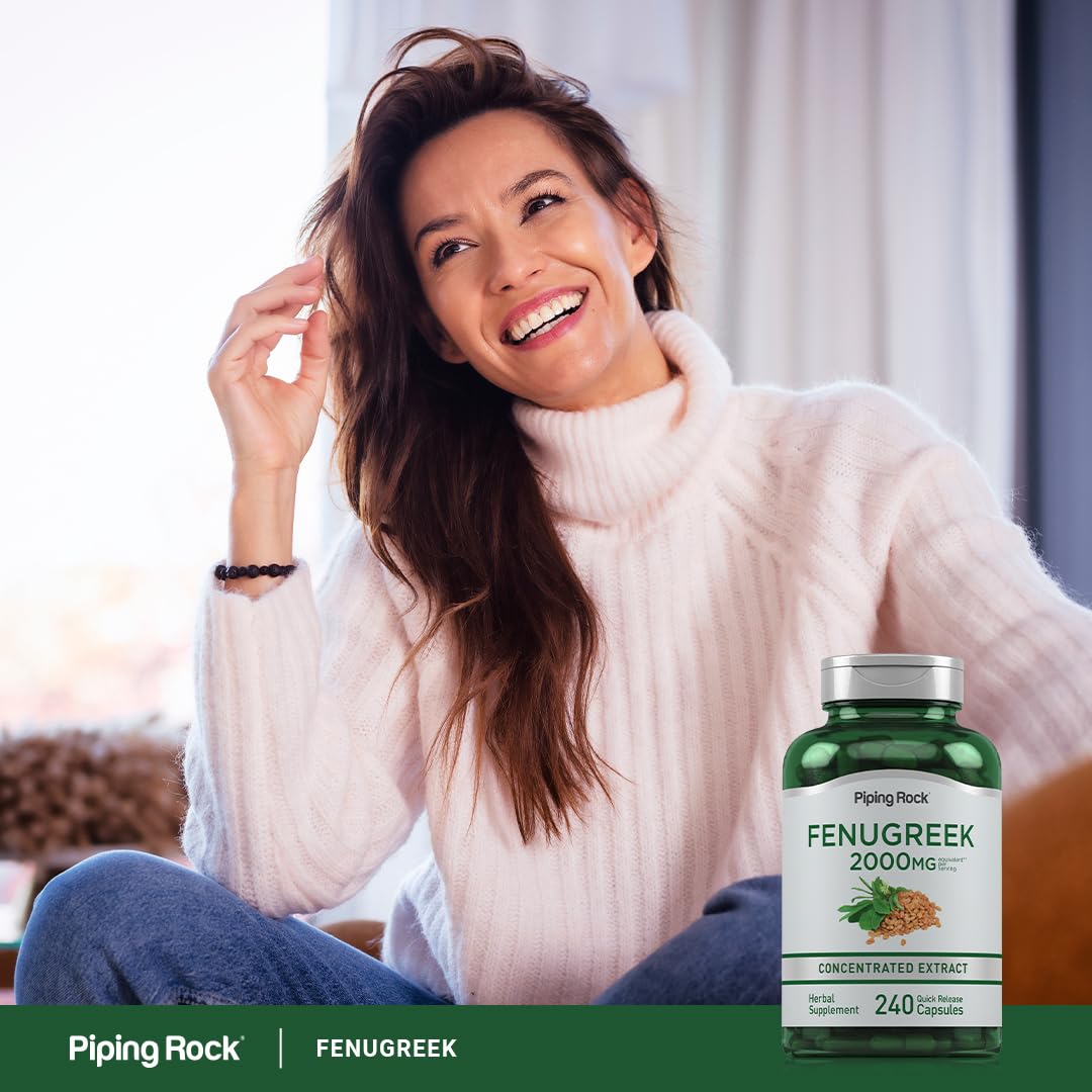 Piping Rock fenugreek capsules seal emphasizes non-GMO and gluten-free formulation.