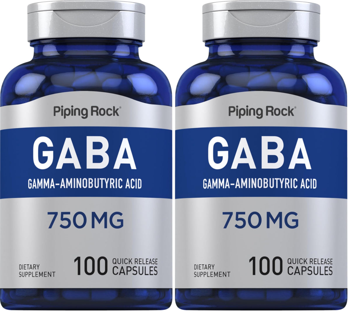 Piping Rock GABA 750mg bottle front view highlights convenient daily capsules.