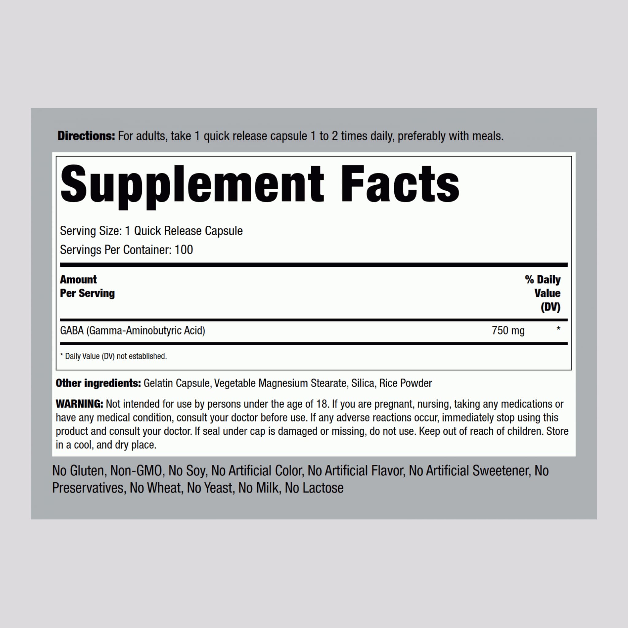 Piping Rock GABA 750mg bottle label close-up shows product purity and dosage.