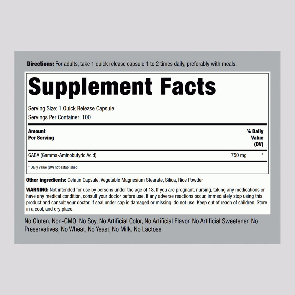 Piping Rock GABA 750mg bottle label close-up shows product purity and dosage.