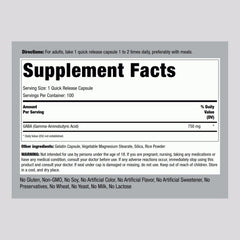 Piping Rock GABA 750mg bottle label close-up shows product purity and dosage.