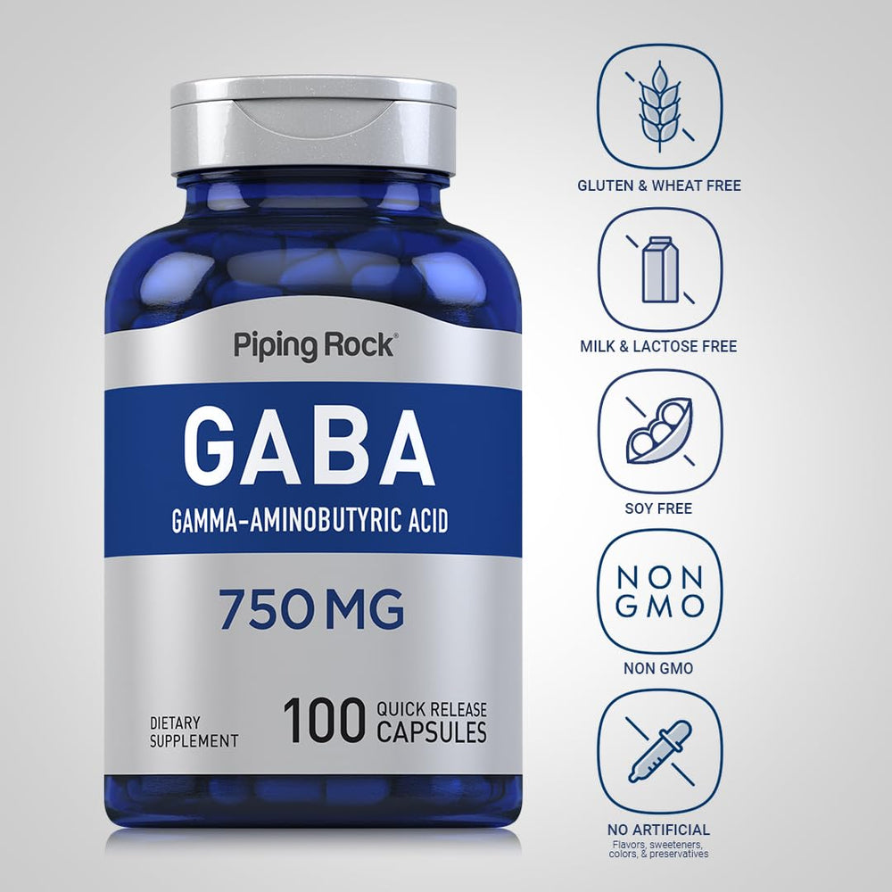 Piping Rock GABA 750mg capsules close-up demonstrates quick-release form for easy intake.