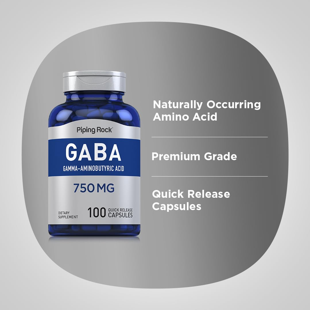 Piping Rock GABA 750mg packaging emphasizes Non-GMO and Gluten-Free attributes for shoppers.