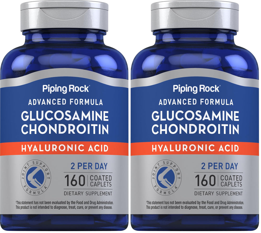 Piping Rock Glucosamine Chondroitin bottle label highlights joint support benefits.