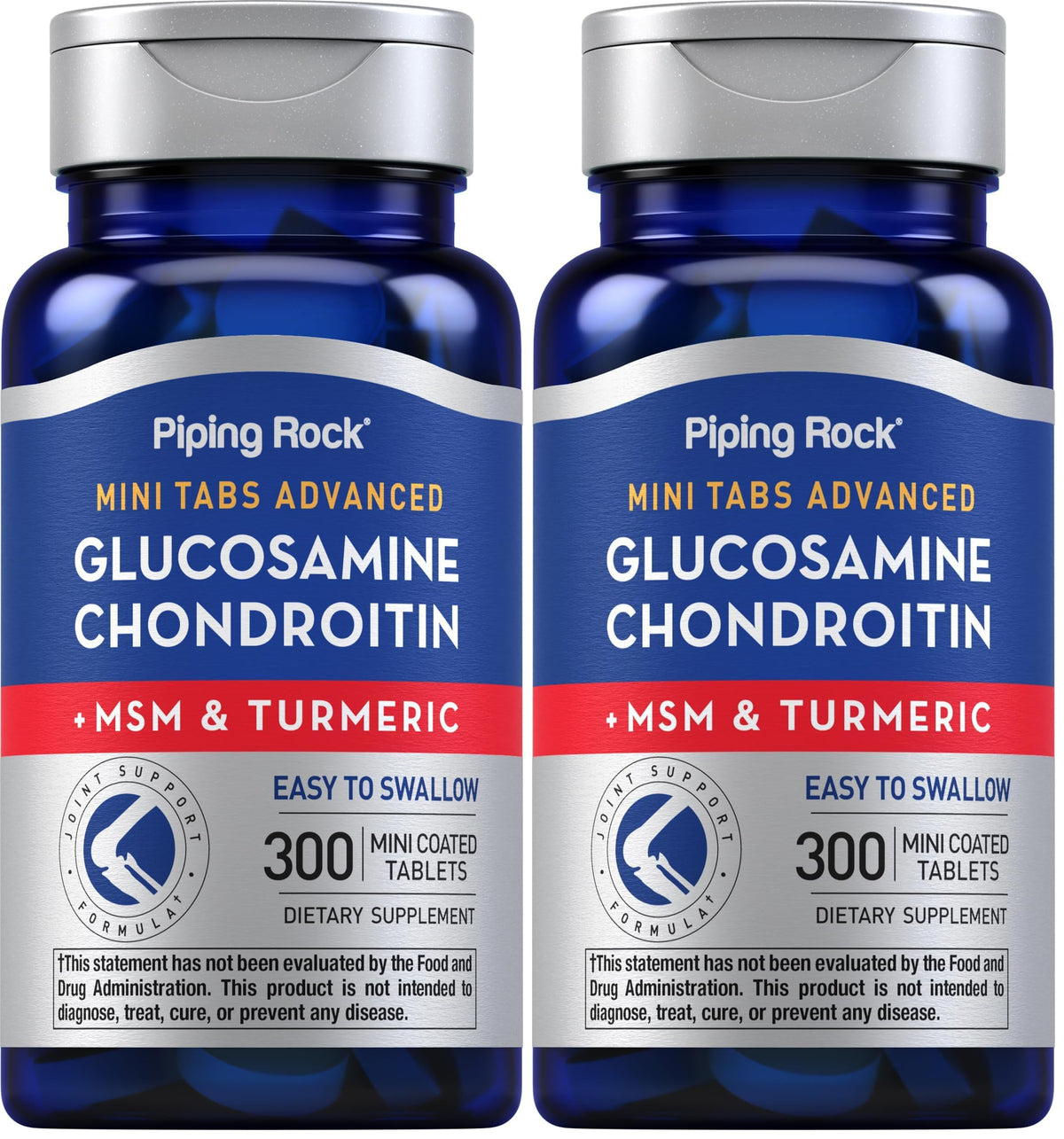 Piping Rock glucosamine chondroitin MSM turmeric bottle with easy-to-swallow tablets for daily use
