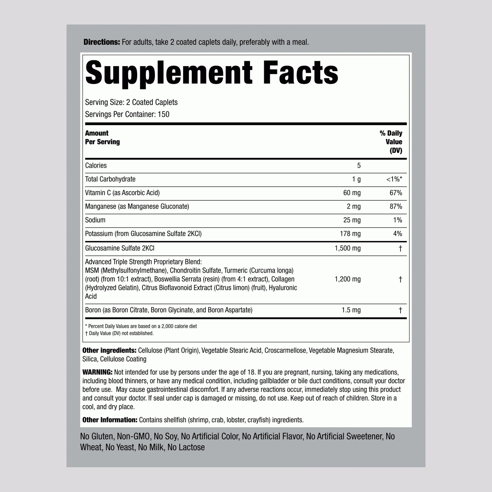 Piping Rock Glucosamine Chondroitin MSM Turmeric bottle front label highlighting non-GMO and gluten-free formula.