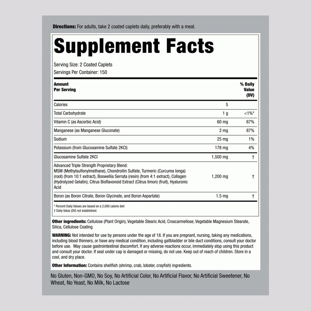 Piping Rock Glucosamine Chondroitin MSM Turmeric bottle front label highlighting non-GMO and gluten-free formula.