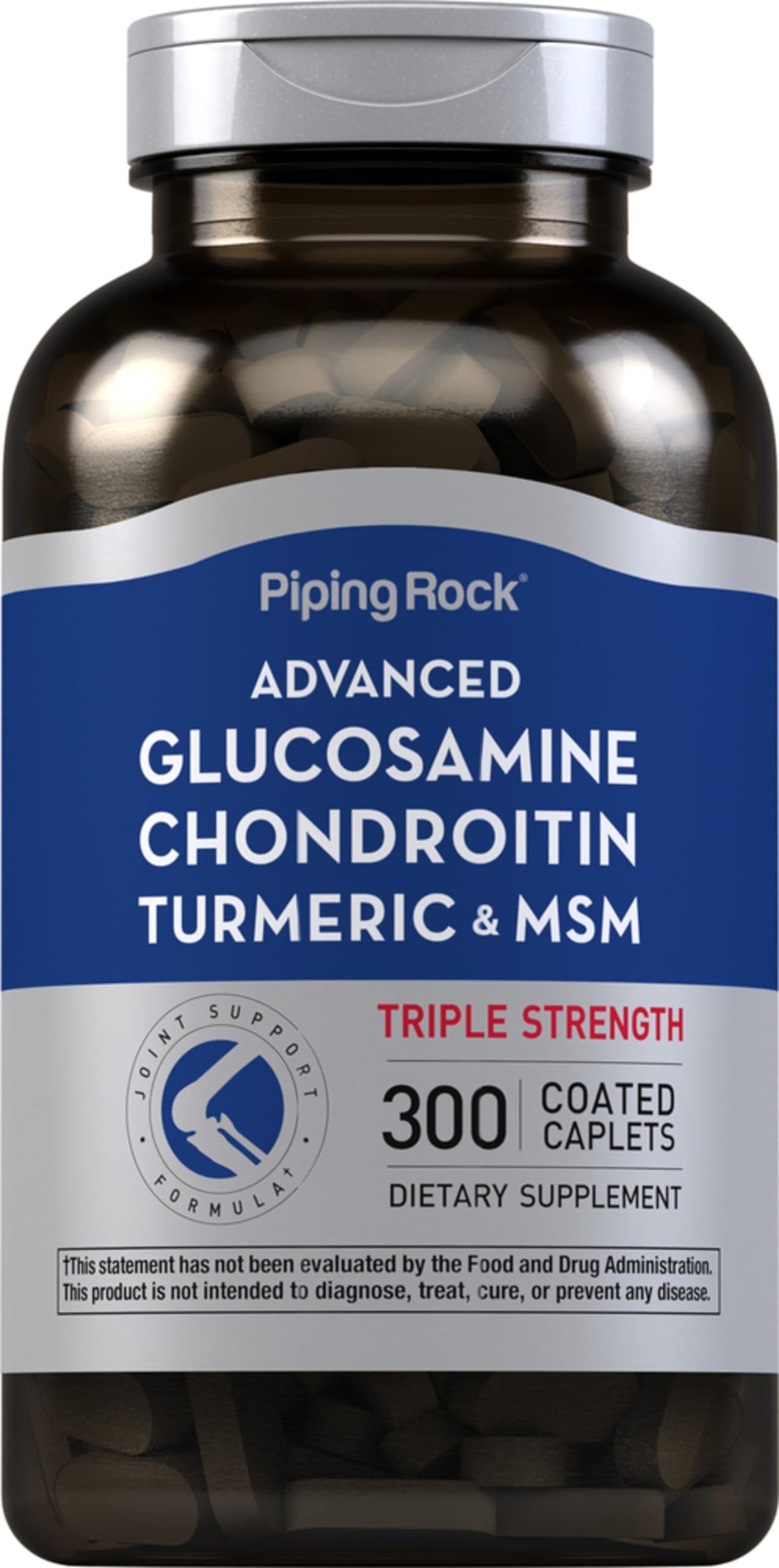 Piping Rock Glucosamine Chondroitin MSM Turmeric caplets in bottle, convenient daily supplement.