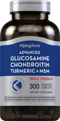 Piping Rock Glucosamine Chondroitin MSM Turmeric caplets in bottle, convenient daily supplement.