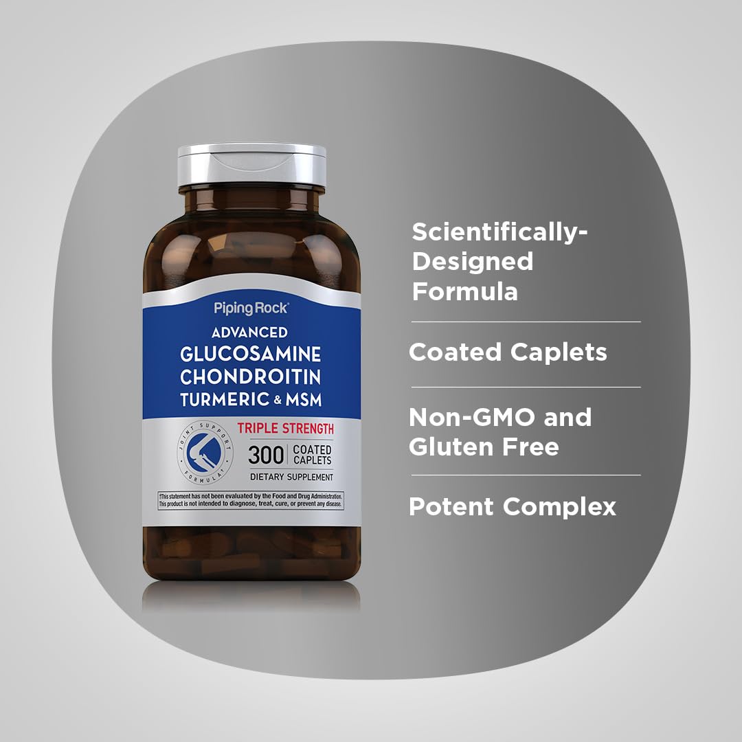 Piping Rock Glucosamine Chondroitin MSM Turmeric capsules close-up with smooth caplets texture.