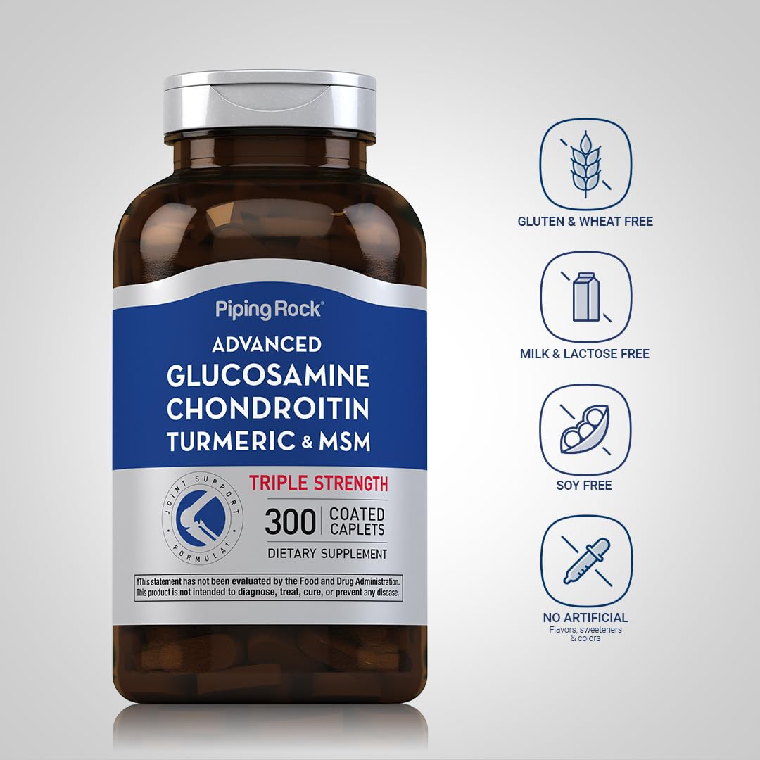 Piping Rock Glucosamine Chondroitin MSM Turmeric label close-up showing clear supplement facts.