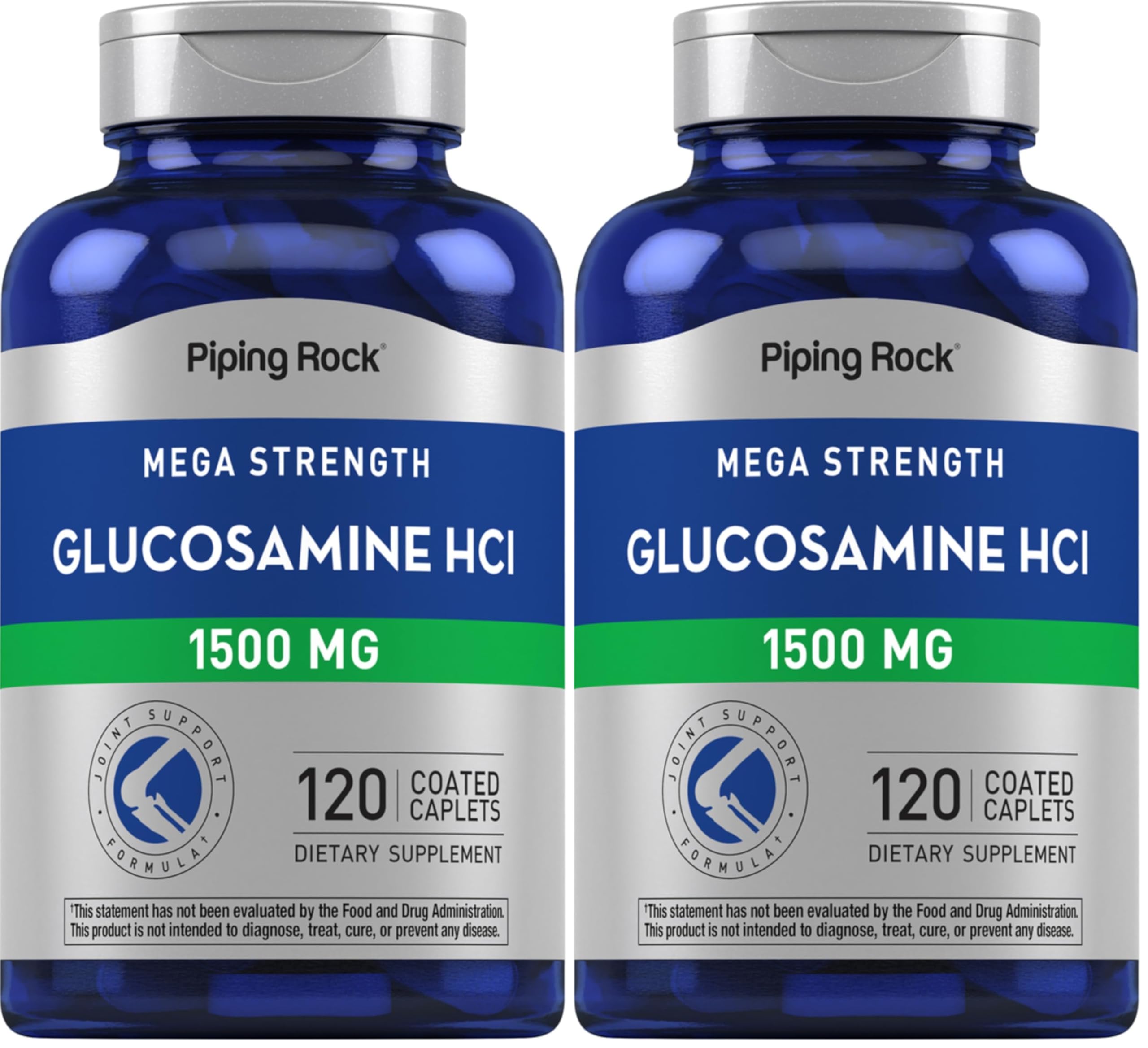 Piping Rock Glucosamine HCL 1500mg bottle label highlights potent formula for joint support.