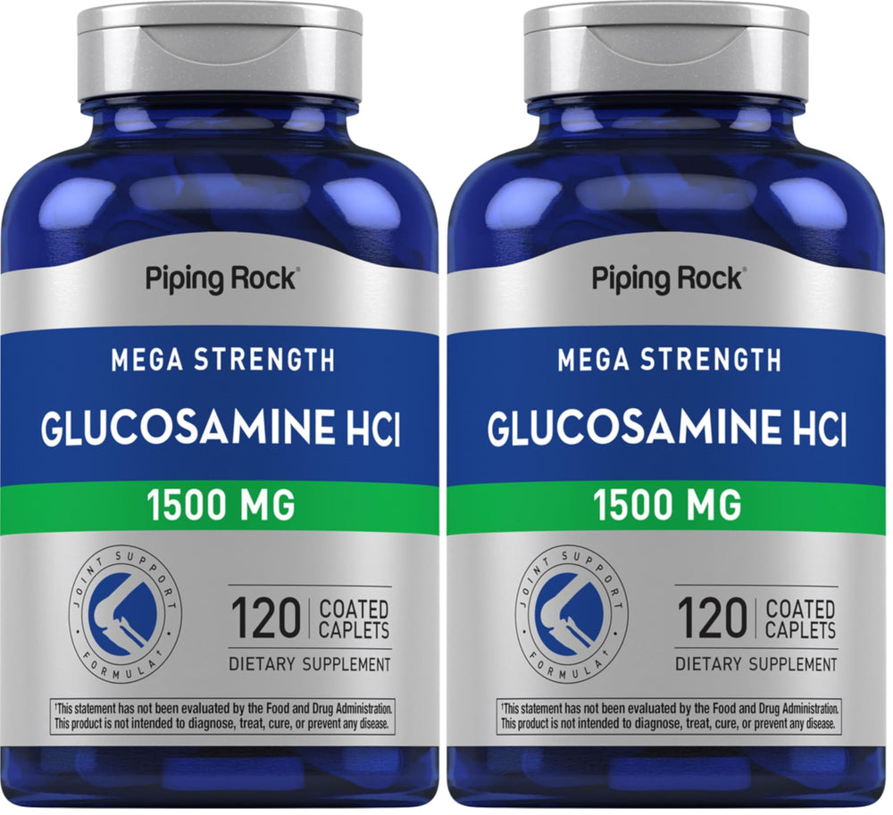 Piping Rock Glucosamine HCL 1500mg bottle label highlights potent formula for joint support.
