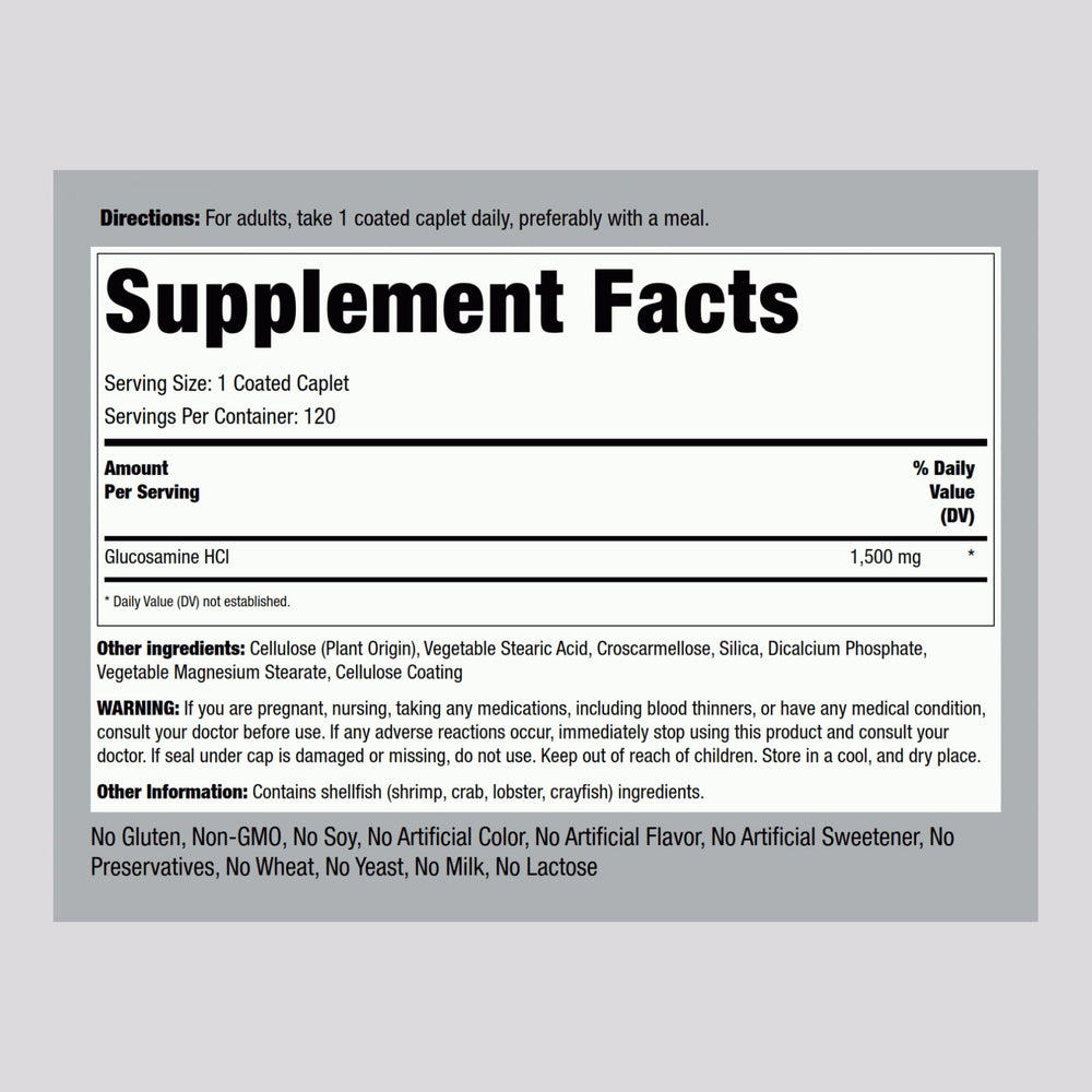 Piping Rock Glucosamine HCL 1500mg caplets close-up shows easy-to-swallow coated texture.