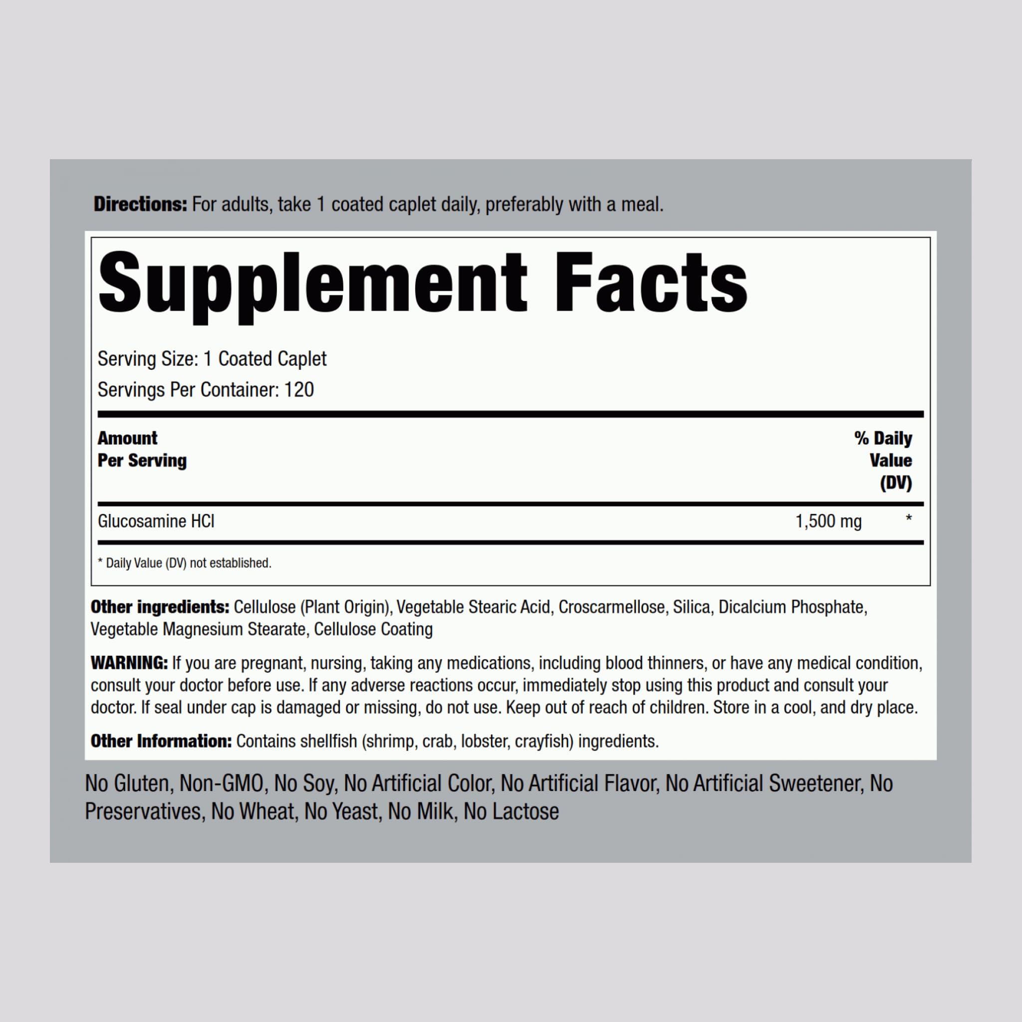 Piping Rock Glucosamine HCL 1500mg caplets close-up highlighting easy swallowing coating