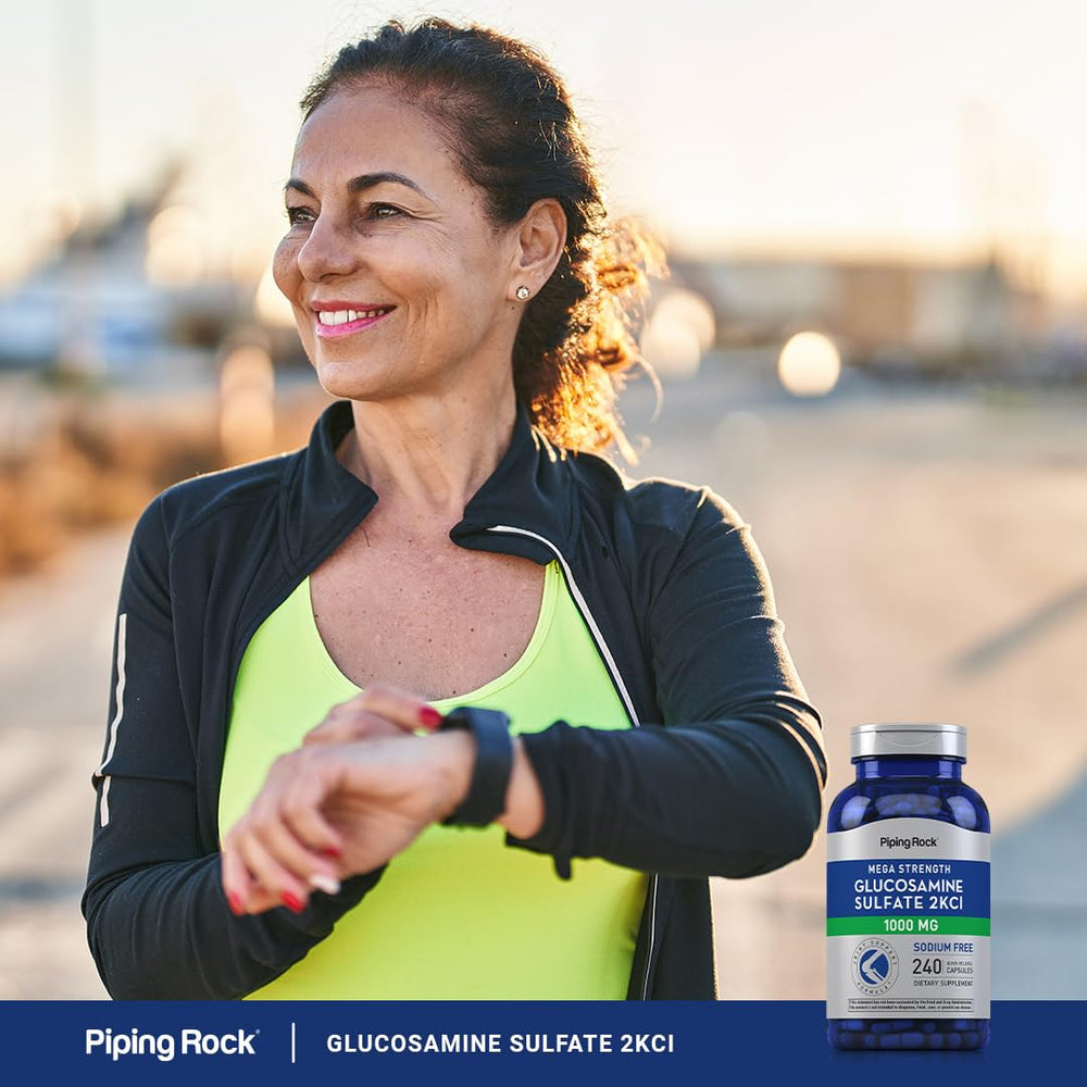 Piping Rock Glucosamine Sulfate 1000mg bottle with daily use concept for routine.