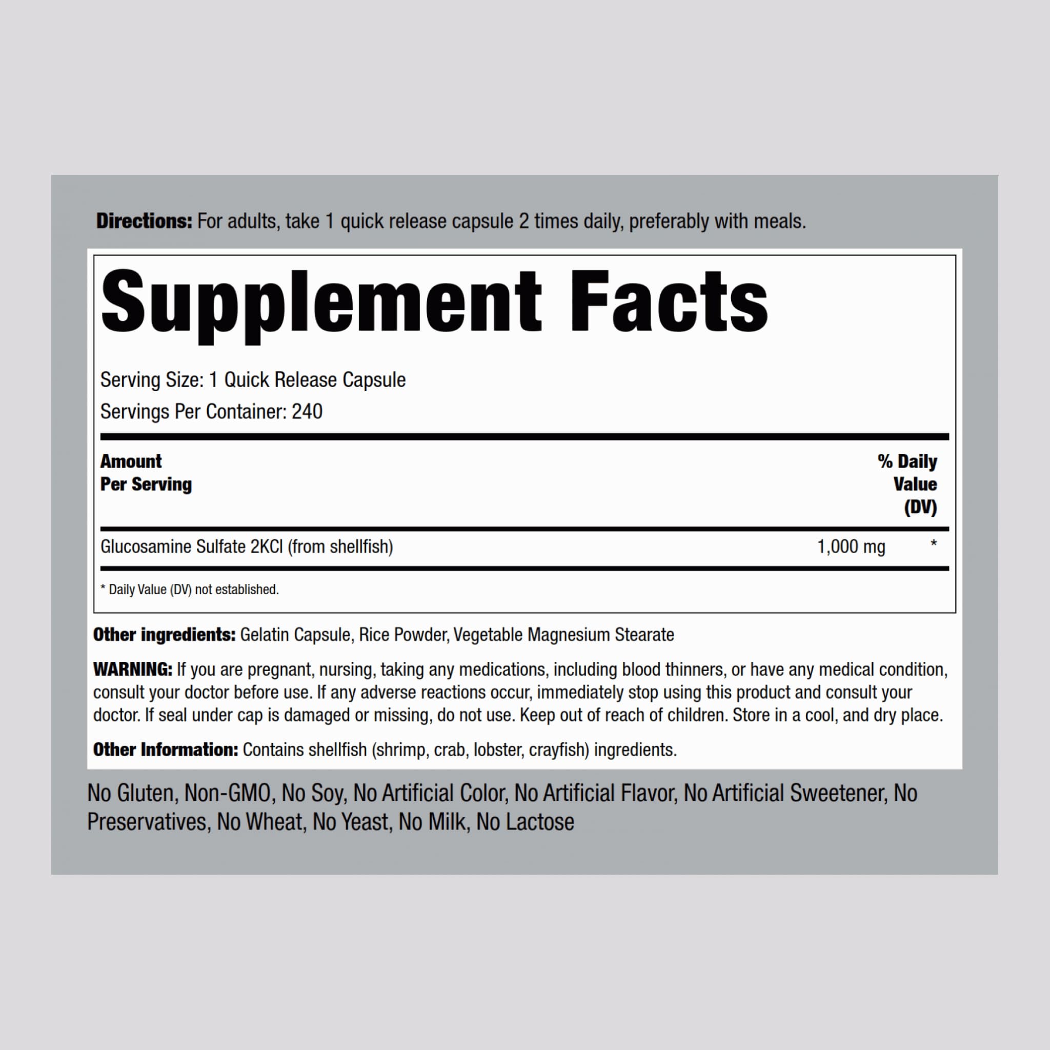 Piping Rock Glucosamine Sulfate 1000mg bottle side view highlighting compact packaging for convenience.