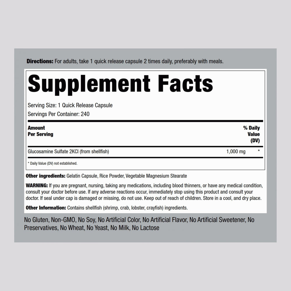 Piping Rock Glucosamine Sulfate 1000mg bottle side view highlighting compact packaging for convenience.