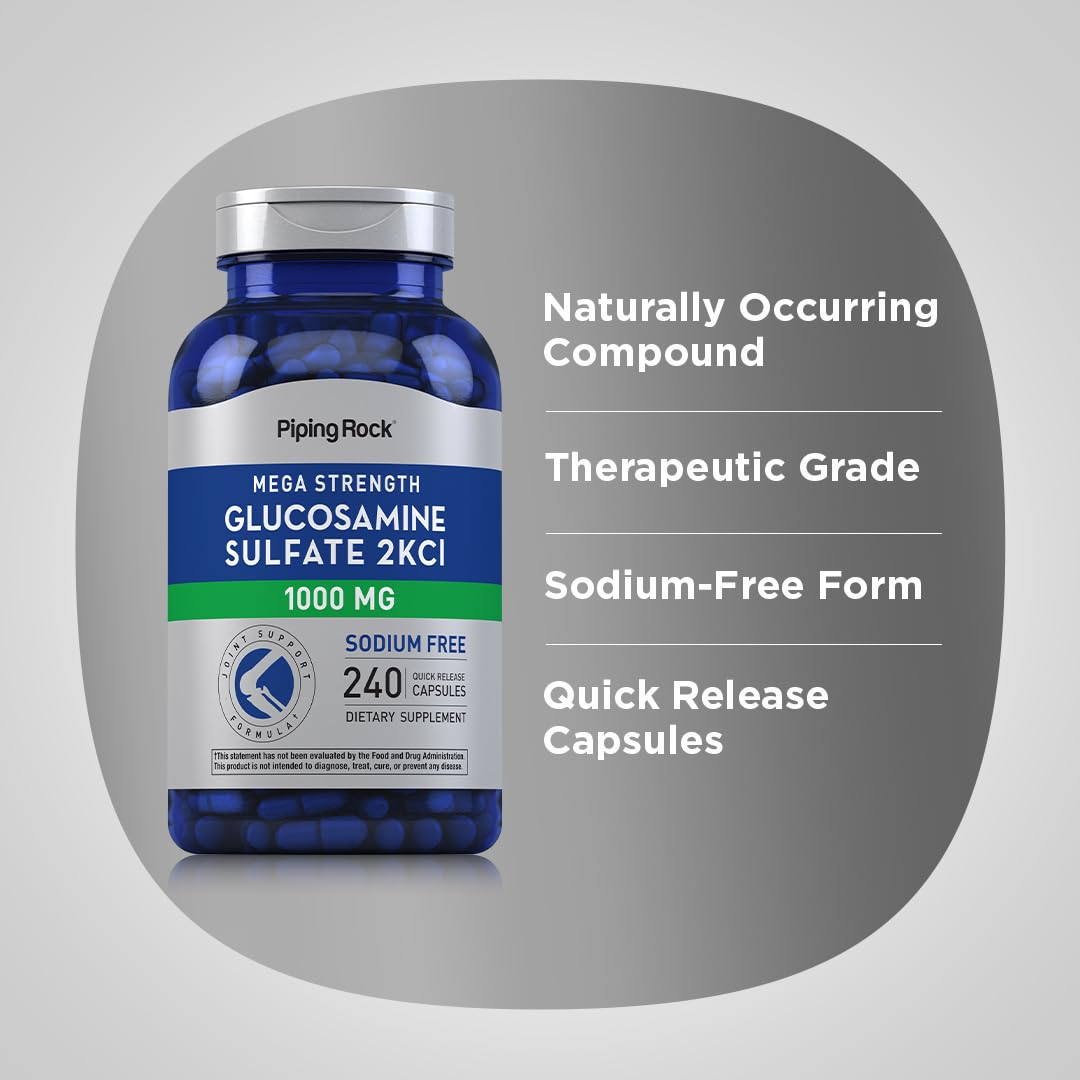 Piping Rock Glucosamine Sulfate 1000mg capsules close-up showing easy swallow.