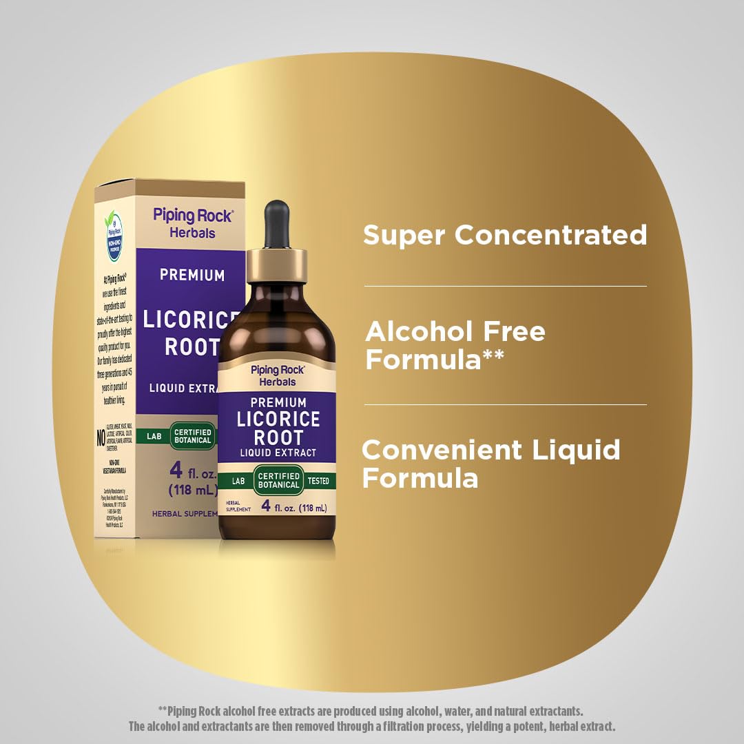 Piping Rock gluten-free non-GMO label on licorice extract bottle.