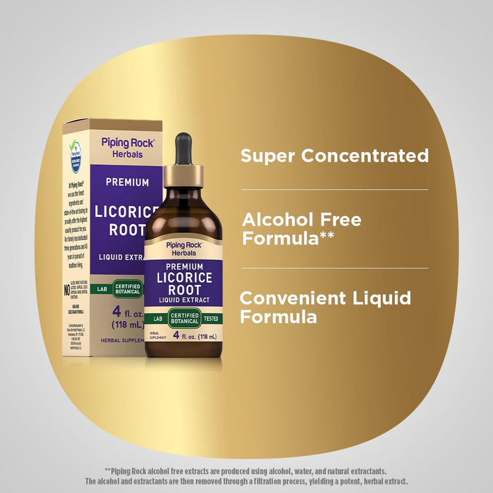 Piping Rock gluten-free non-GMO label on licorice extract bottle.