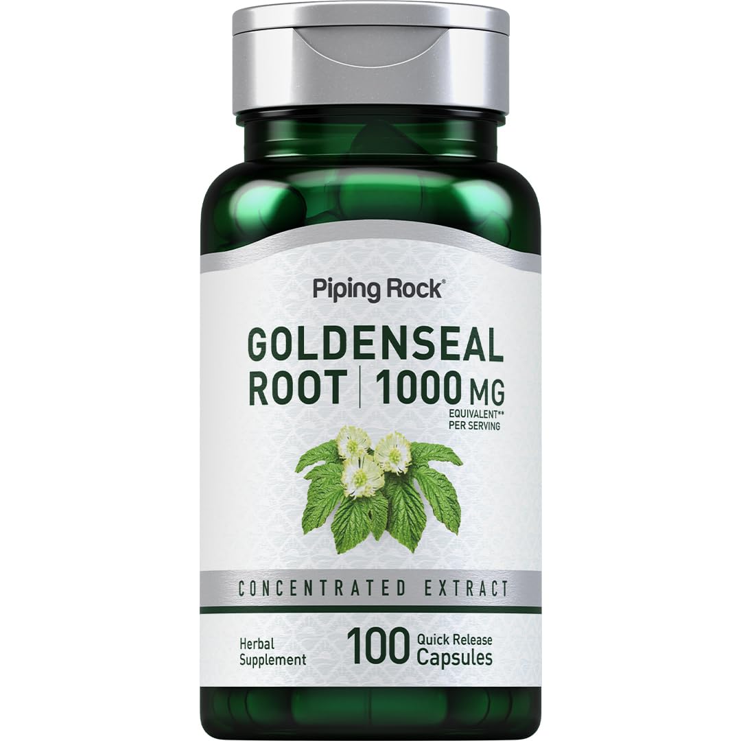 Piping Rock Goldenseal capsules bottle with quick release for easy daily use.