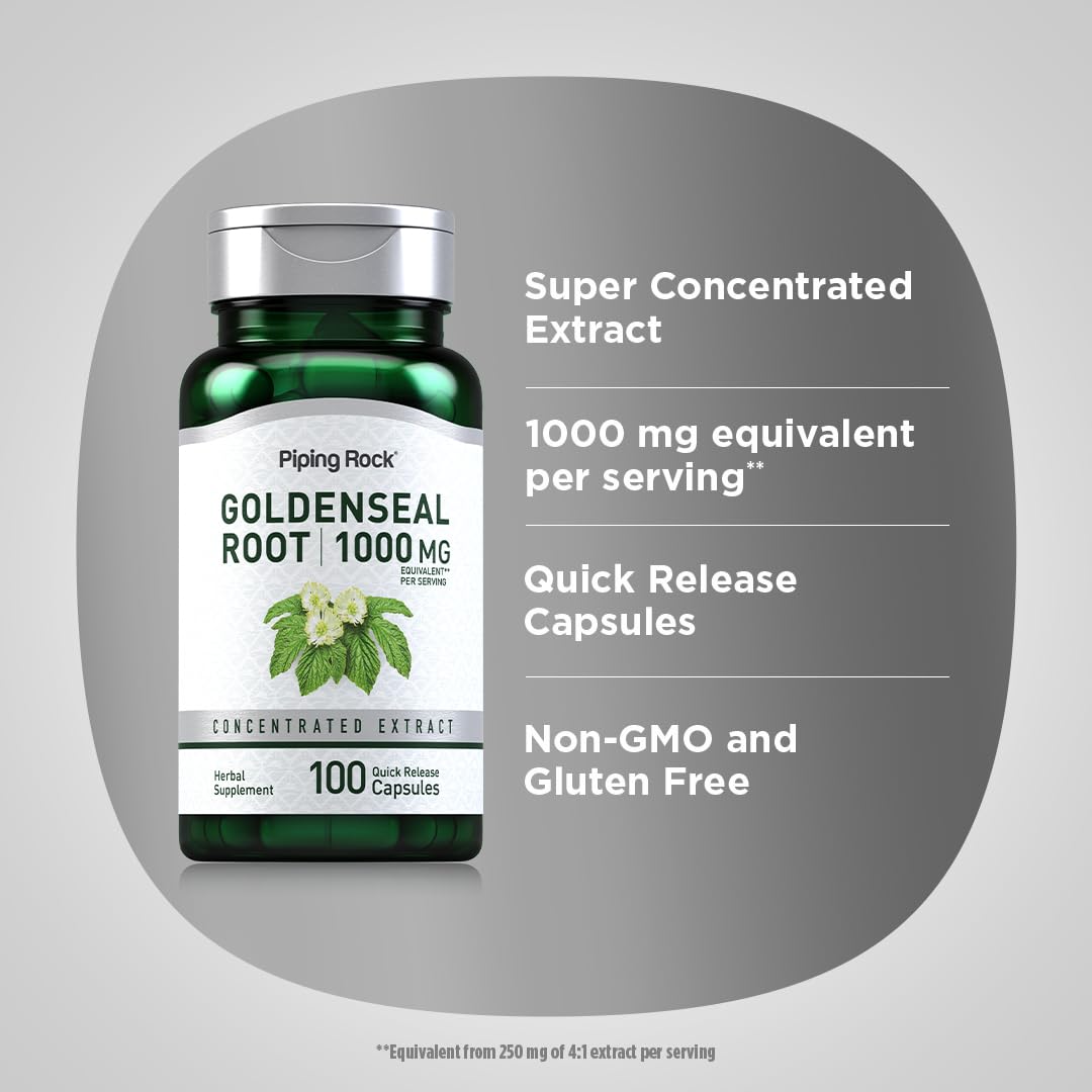 Label detail on Piping Rock Goldenseal capsules emphasizes potency.
