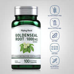 Packaging close-up of Piping Rock Goldenseal capsules shows trusted ingredients.