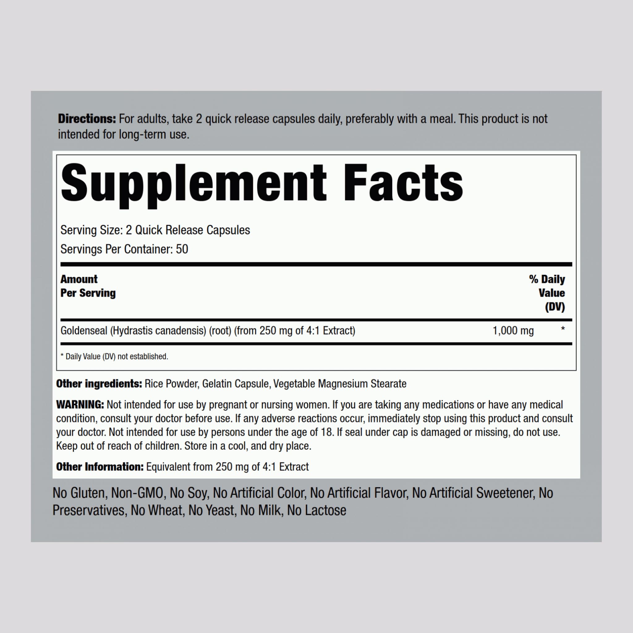Piping Rock Goldenseal capsules pour highlights convenient daily use.