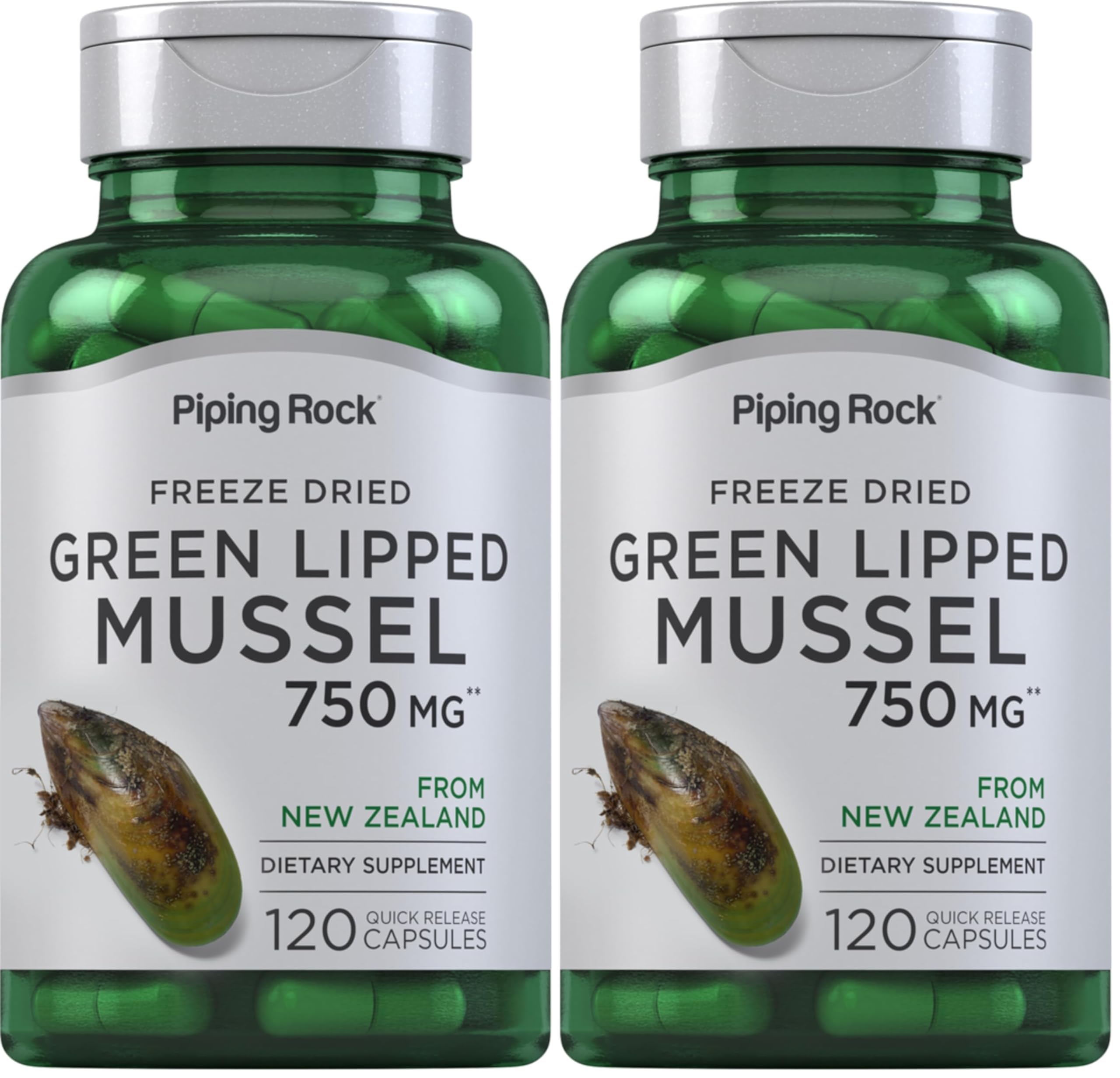 Piping Rock Green Lipped Mussel bottle on a clean surface, convenient daily supplement.