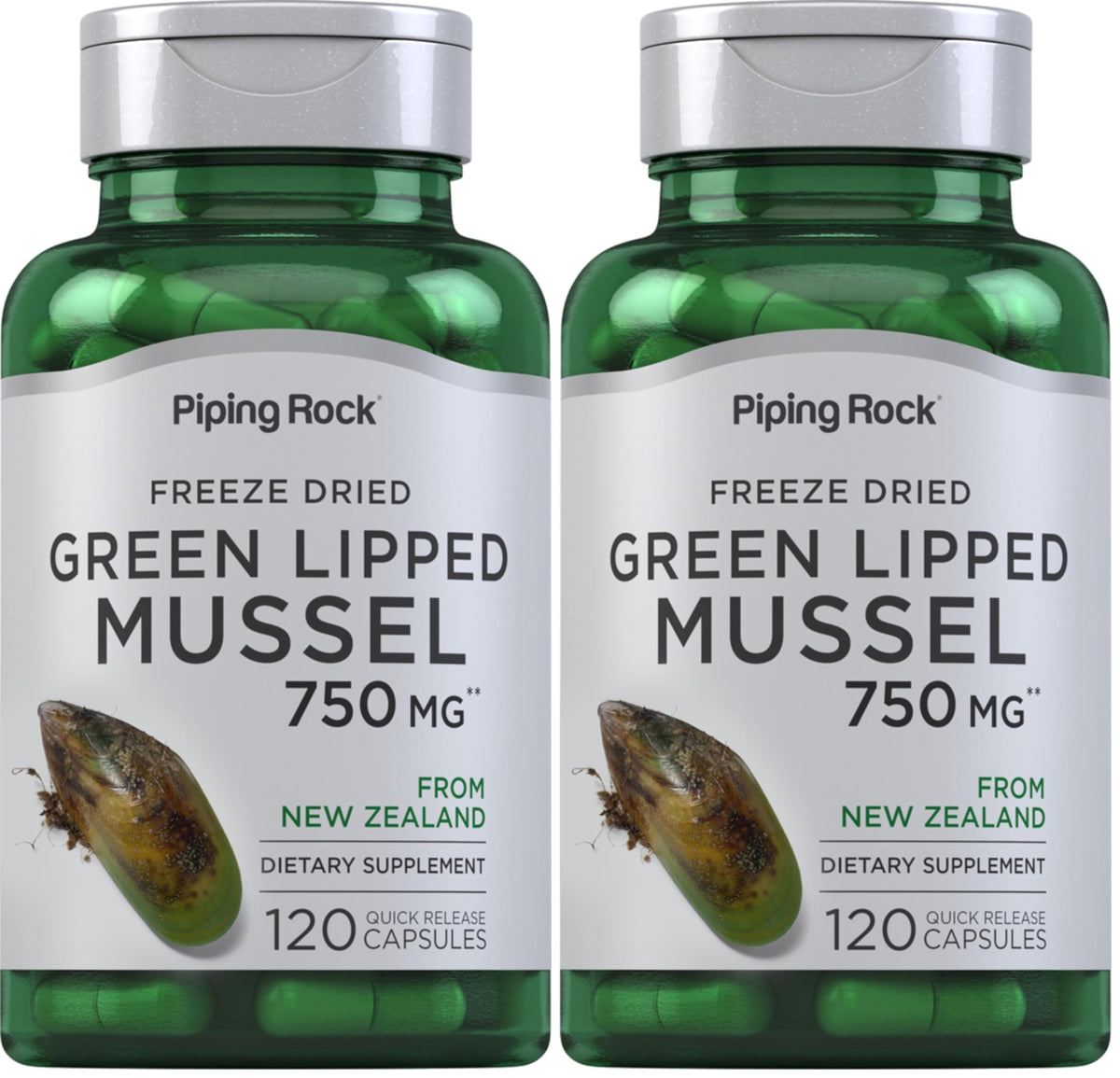 Piping Rock Green Lipped Mussel bottle on a clean surface, convenient daily supplement.
