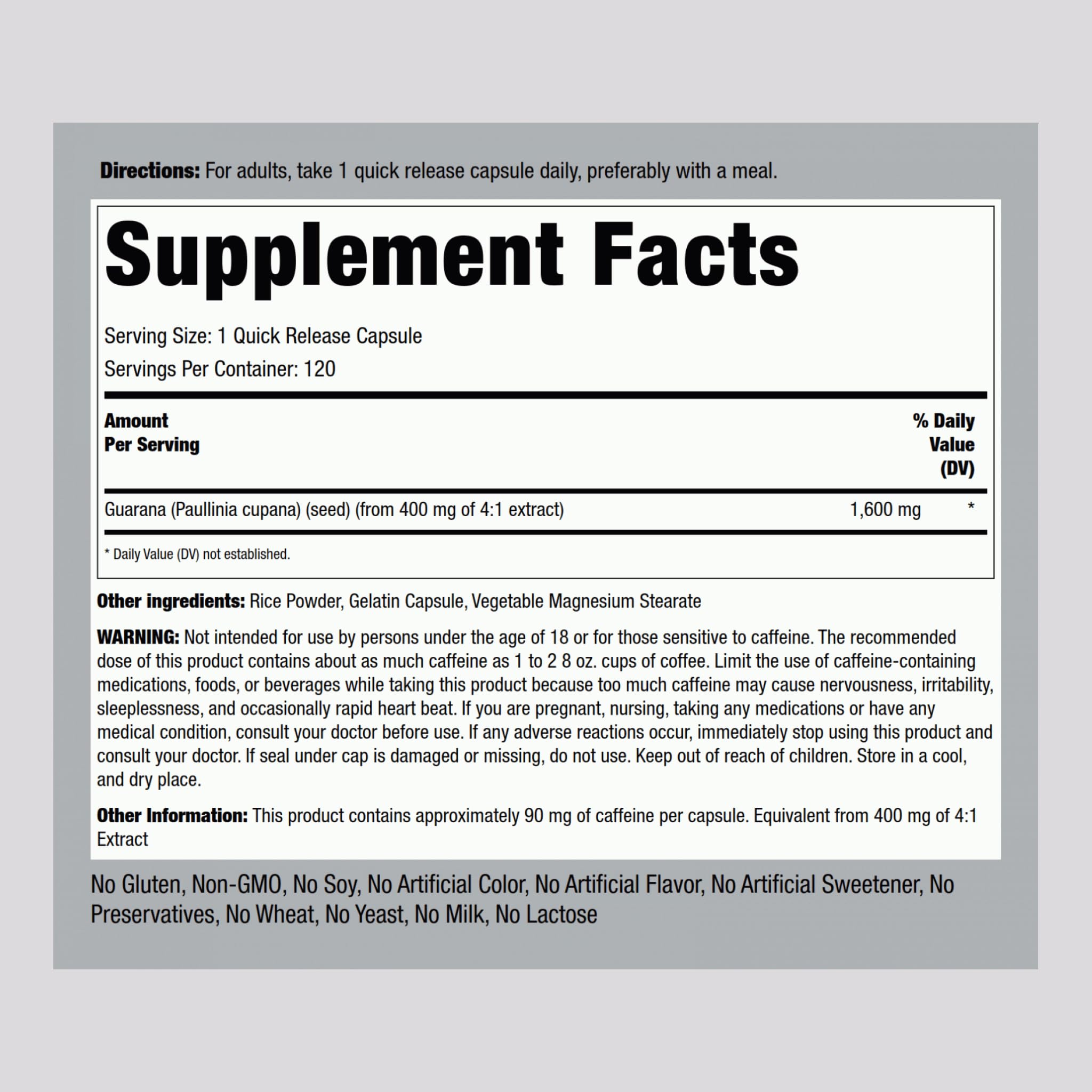 Piping Rock Guarana Capsules 1600 mg bottle back showing supplement details