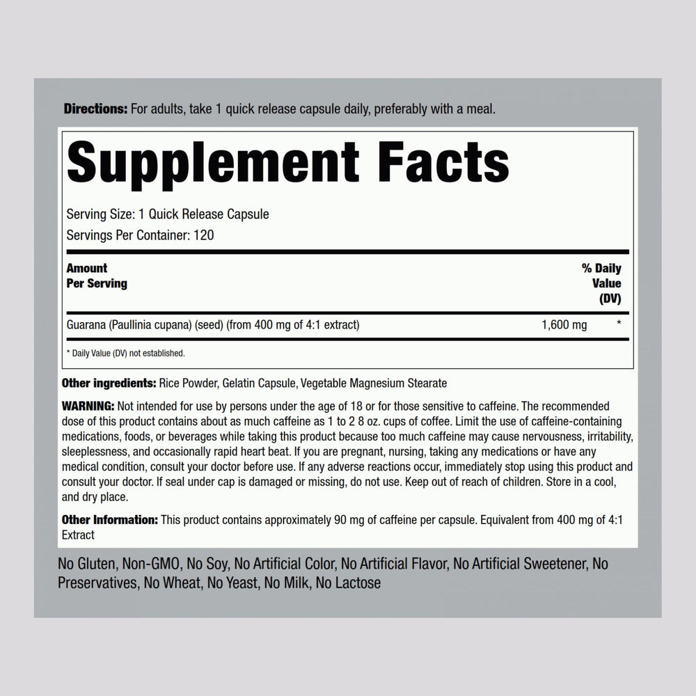 Piping Rock Guarana Capsules 1600 mg bottle back showing supplement details