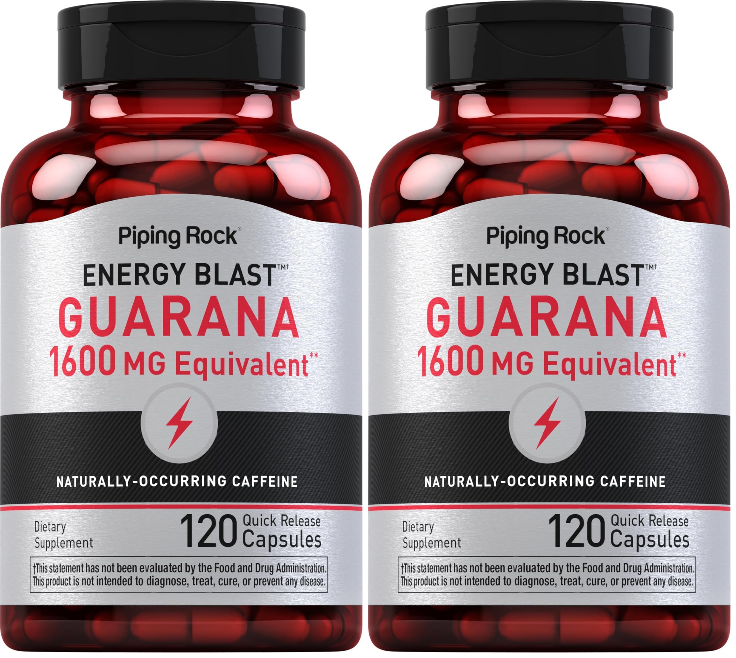 Piping Rock Guarana Capsules 1600 mg bottle front for energy-focused packaging