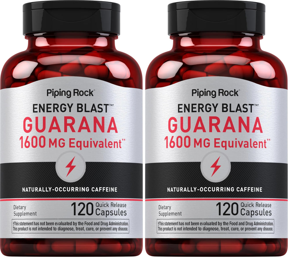 Piping Rock Guarana Capsules 1600 mg bottle front for energy-focused packaging